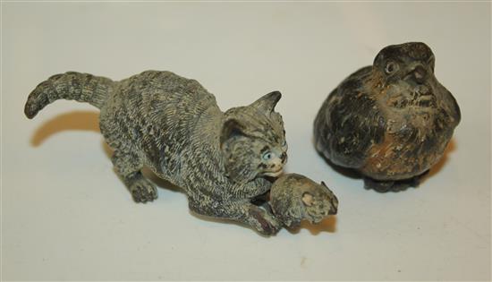 2 Austrian cold painted bronzes cat and bird